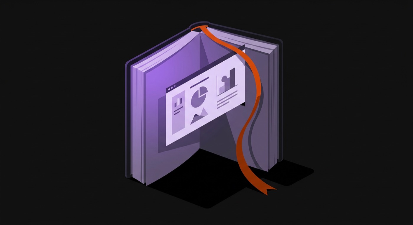 A bound document open at an angle with a slide emerging from its pages