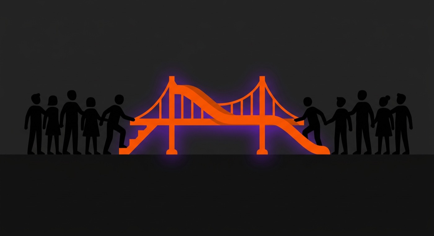 Two clusters of figures facing each other across a gap, bridged in orange