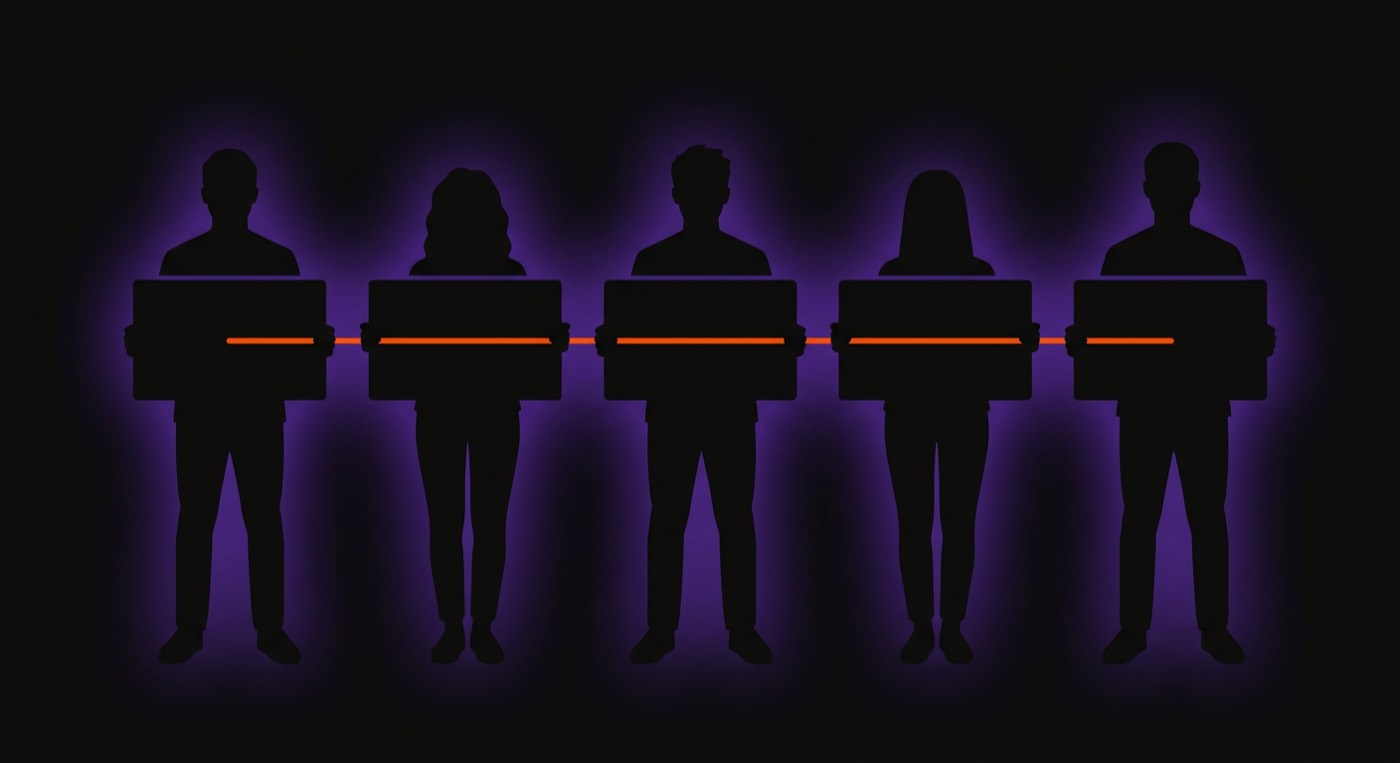 Five figures in a row holding identical slides, joined by a single orange line